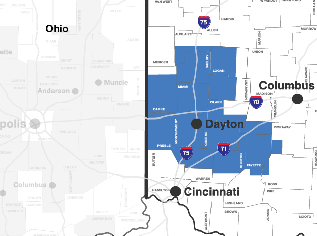 CenterPoint Energy's Ohio natural gas service territory is shown on a map and includes most counties around Montgomery, also referred to as the Dayton region or Miami Valley.